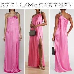Stella McCartney Falabella Crystal Chain Satin One-Shoulder Pink Slit Gown 2800$